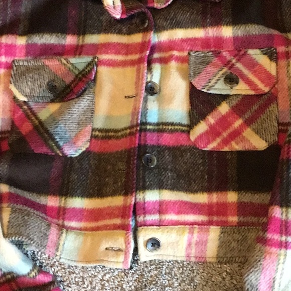 Wild Fable Medium Plaid Cropped Coat Boho Brown Pink Button Up - Picture 2 of 5